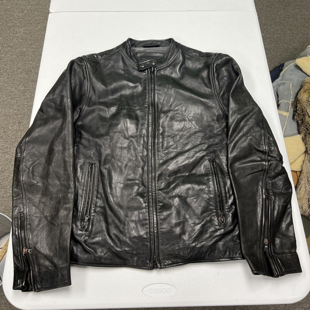 Banana Republic Leather Cafe Racer Jacket Mens M Black Moto Biker Zips D1
